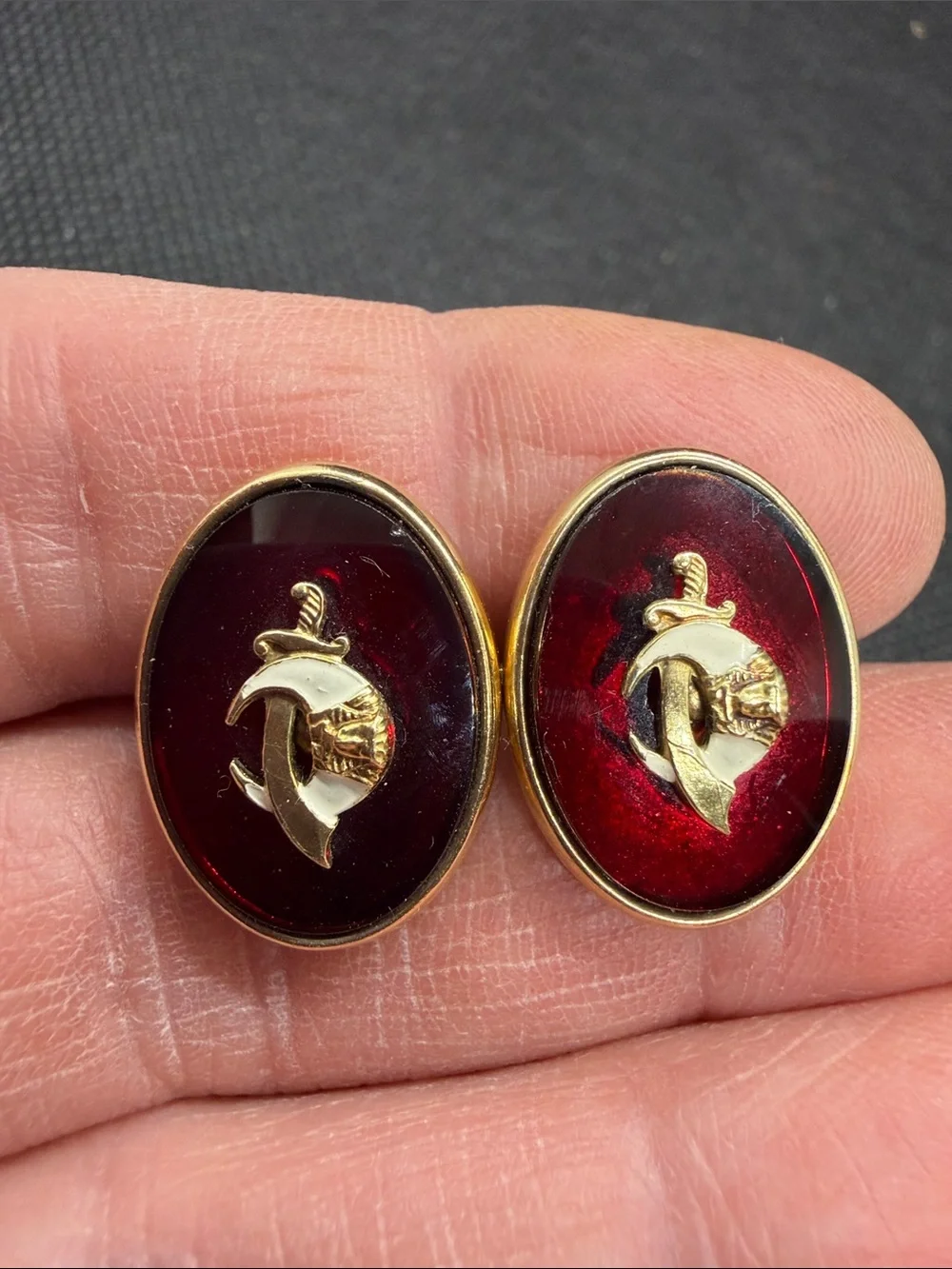 Vintage Shriners Cuff Links Red and Gold Tone Scimitar Crescent Moon Sphinx